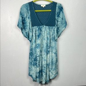 Umgee Boho Blue Tie Dye Flutter Sleeve Crochet Bodice Mini Dress Small